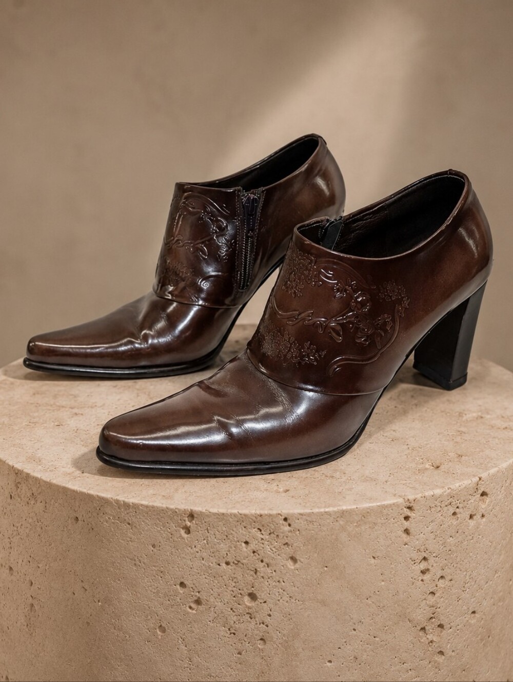 Vintage Embossed Leather Block Heel Ankle Booties 39